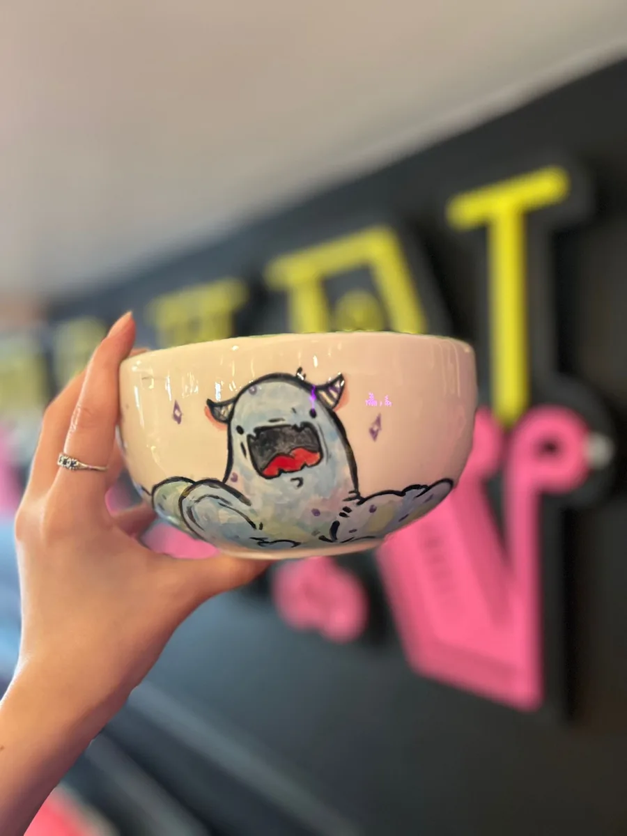 Hand-painted monster bowl at art-ful pottery café Worthing